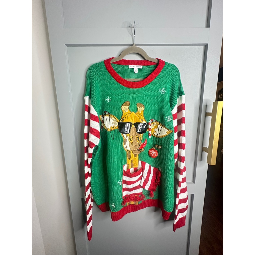 Celebrate Together Giraffe Ugly Christmas Sweater Green Striped XL E87475K